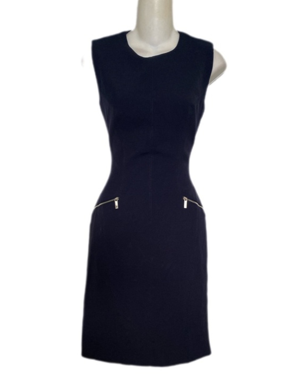 Karen Millen Sleeveless Navy Sheath Dress with Zip Pocket Details 6